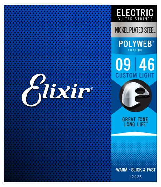 Elixir 12025 Nickel Plated Steel Electric Guitar Strings with POLYWEB. Custom Light 9-46