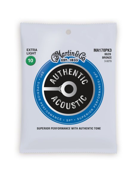 Martin MA170 Authentic Acoustic SP 80/20 Bronze Extra Light Guitar Strings. 10-47 (3 Pack)