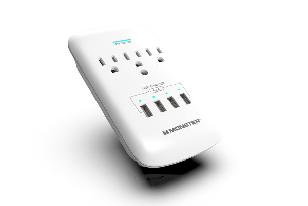 Monster ME-5015W 3 Outlet Wall Tap Surge Protector. White