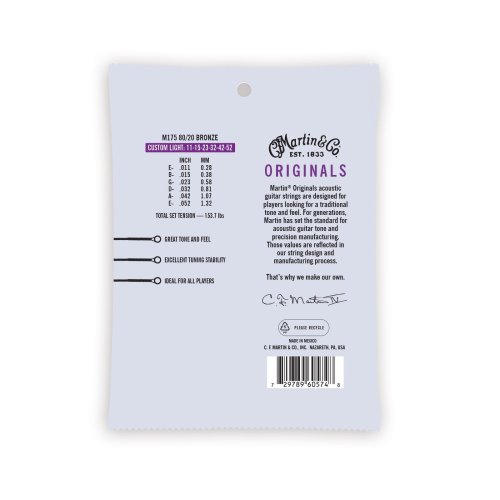 Martin M175 Original Guitar Strings. Custom Light (11-52)