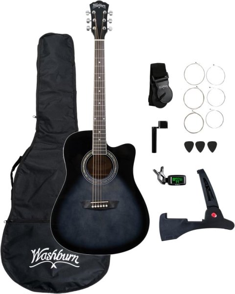 Washburn WA90CETBBPACK Learn & Play Pack Acoustic Electric Guitar Bundle. Transparent Black Burst