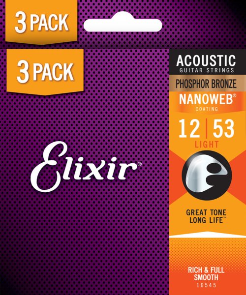 Elixir 16545X NANOWEB Phosphor Bronze Acoustic Guitar Strings. Light (12-53) 3-Pack