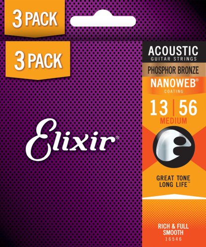 Elixir 16546X NANOWEB Phosphor Bronze Acoustic Guitar Strings. Medium (13-56) 3-Pack