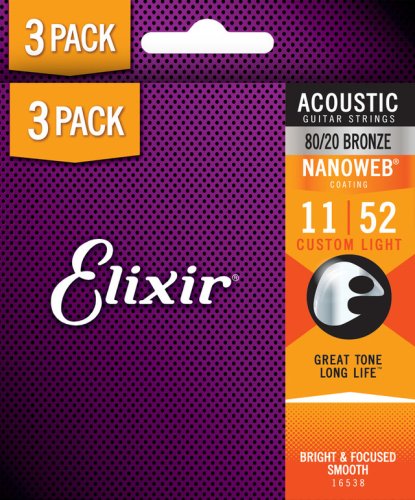 Elixir 16538X NANOWEB 80/20 Bronze Acoustic Guitar Strings. Custom Light (11-52) 3-Pack