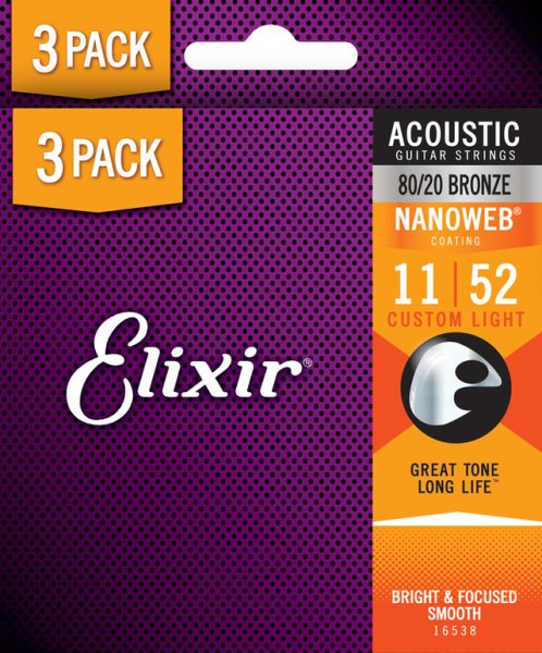 Elixir 16538X NANOWEB 80/20 Bronze Acoustic Guitar Strings. Custom Light (11-52) 3-Pack