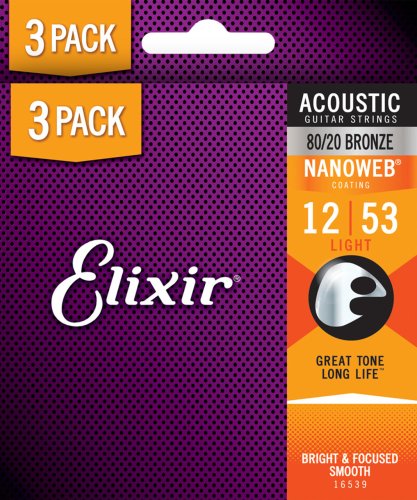 Elixir 16539X NANOWEB 80/20 Bronze Acoustic Guitar Strings. Light (12-53) 3-Pack