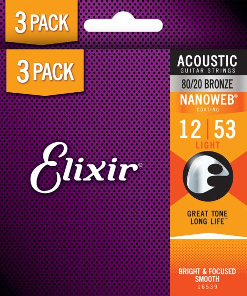 Elixir 16539X NANOWEB 80/20 Bronze Acoustic Guitar Strings. Light (12-53) 3-Pack
