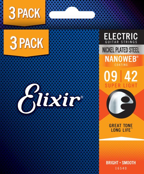 Elixir 16540X NANOWEB Nickel Plated Steel Electric Guitar Strings. Super Light (9-42) 3-Pack