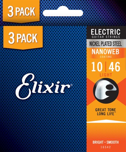 Elixir 16542X NANOWEB Nickel Plated Steel Electric Guitar Strings. Light (10-46) 3-Pack