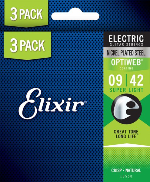 Elixir 16550X Optiweb Nickel Plated Steel Electric Guitar Strings. Super Light (9-42) 3-Pack