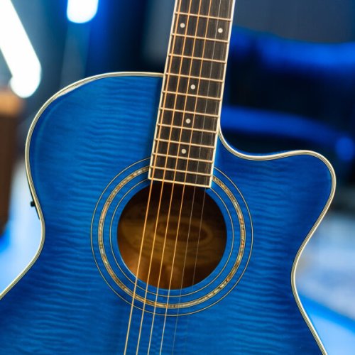 Washburn EA15 Festival Series Mini Jumbo Cutaway Acoustic Electric Guitar. Flame Transparent Blue