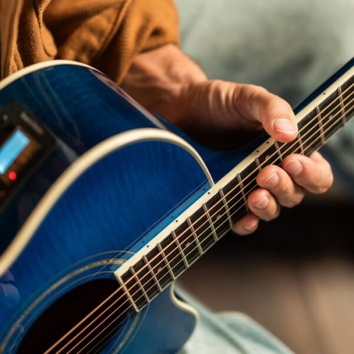 Washburn EA15 Festival Series Mini Jumbo Cutaway Acoustic Electric Guitar. Flame Transparent Blue