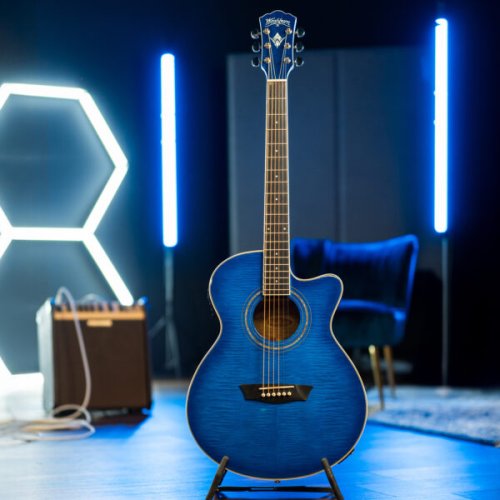 Washburn EA15 Festival Series Mini Jumbo Cutaway Acoustic Electric Guitar. Flame Transparent Blue