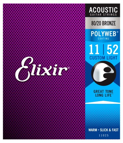 Elixir 11025 80/20 Bronze Acoustic Guitar Strings with POLYWEB. Custom Light 11-52