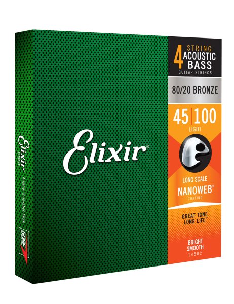 Elixir 14502 80/20 Bronze Acoustic Bass Guitar Strings with NANOWEB. Long Scale Light 45-100
