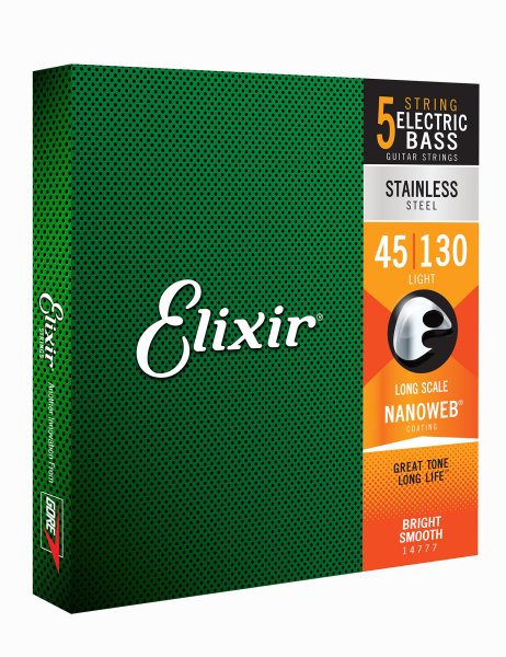 Elixir 14777 Stainless Steel (5 String) Bass Strings with NANOWEB. Long Scale Light 45-130