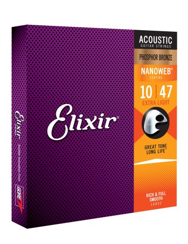 Elixir 16002 Phosphor Bronze Acoustic Guitar Strings with NANOWEB. Extra Light 10-47