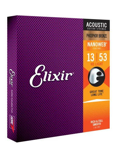 Elixir 16182 Phosphor Bronze Acoustic Guitar Strings with NANOWEB. HD Light 13-53