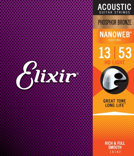 Elixir 16182 Phosphor Bronze Acoustic Guitar Strings with NANOWEB. HD Light 13-53