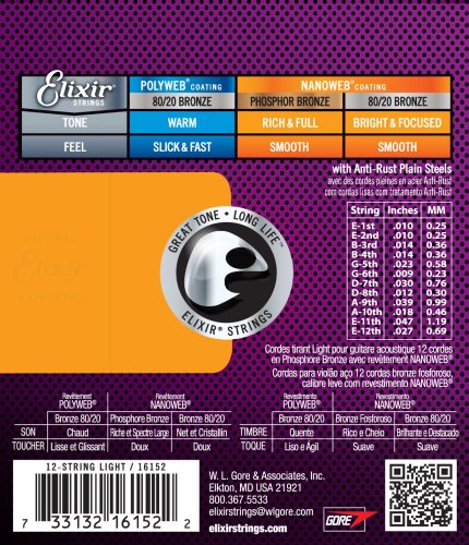 Elixir 16102 Phosphor Bronze (12 String) Acoustic Guitar Strings with NANOWEB. Light 10-47 & 10-27