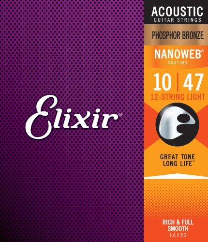 Elixir 16102 Phosphor Bronze (12 String) Acoustic Guitar Strings with NANOWEB. Light 10-47 & 10-27
